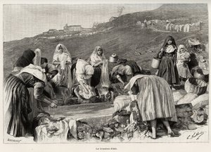 Las lavanderas de Osilo (Italia), mujeres reunidas alrededor del estanque. Grabado y historia “La Cerdeña” por Gaston Vuillier, en 1890, en Le tour du monde, nuevo diario de viajes, bajo la dirección de Edouard Charton de Gaston Vuillier