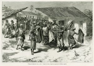 El pueblo de Bakourou, los indígenas reciben regalos para las negociaciones de paz. Grabado por G. Vuillier, para ilustrar la historia 
