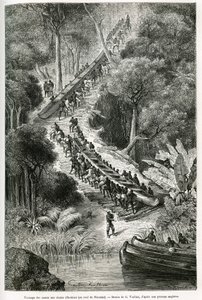 Arrastrando canoas en las Cataratas de Innkissi (o Cataratas de Livingstone) (Congo), bajo la dirección de Sir H.M.Stanley (1841-1904), dibujo de G.Vuillier, para ilustrar la historia “A través del Continente Misterioso”, un viaje realizado entre 1874-1877
