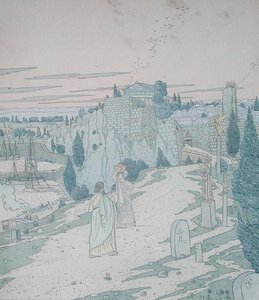 Ulises se encuentra con la diosa Minerva disfrazada de niña con una jarra, ilustración del Libro 6 de la Odisea, traducida por Lecomte de l