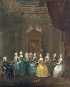 Retrato de la familia Porten tomando té en un interior lujoso de Gawen Hamilton