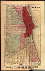 Chicago tal como es, mostrando el distrito quemado, de Historia de los grandes incendios en Chicago y el Oeste por Edgar Johnson Goodspeed, publicado en Chicago, 1871 de Gaylord Watson