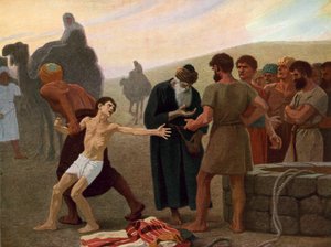 José es vendido como esclavo por sus celosos hermanos, c.1940 (litografía en color) de Gebhard Fugel