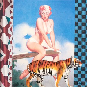 Chica nadando con tigre (collage)