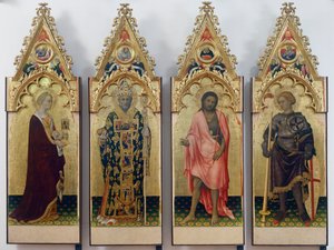 Cuatro santos del Políptico Quaratesi, Santa María Magdalena, San Nicolás de Bari, San Juan Bautista y San Jorge de Gentile da Fabriano