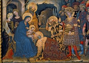 La Adoración de los Magos, detalle de la Virgen y el Niño con los tres reyes (detalle) de Gentile da Fabriano