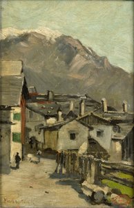 Casas a lo largo de una carretera cerca de una montaña (¿Innsbruck?) de Geo Poggenbeek