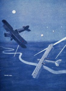 Un caza Bristol ataca a un bombardero alemán Gotha sobre Londres de noche (litografía en color)