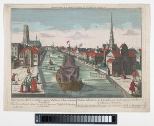 Vista del Wester Oude Hoofdpoort y el Ooster Oude Hoofdpoort en Rotterdam Prospect der Ost Maas Port, gegen der S.Lorenzen Kirch zu Roterdam (título sobre el objeto) Rotterdam (título de la serie)