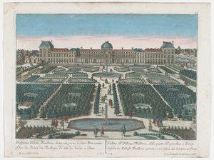 Vista del Palais des Tuileries en París visto desde el Jardin des Tuileries Gesicht des Pallasts Thuilleries genannt, von seiten des Gartens zu Paris (título sobre el objeto) París (título de la serie)