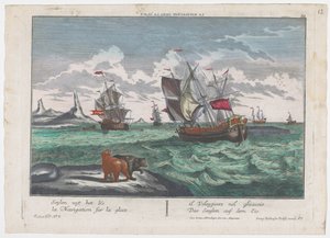Vista de los barcos que navegan en el mar de hielo Das Seeglen auf dem Eis (título sobre el objeto) Caza de ballenas en Groenlandia (título de la serie)