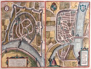 Grenoble - Romans sur Iser, Francia, en "Civitates Orbis Terrarum" de Georg Braun, Colonia 1617