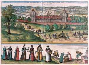 Nonsuch (Palacio en Surrey), Inglaterra - en "Civitates Orbis Terrarum" de Georg Braun, Colonia 1617