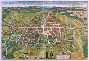 Plano de Odense, Dinamarca en "Civitates Orbis Terrarum" de Georg Braun, Colonia 1617