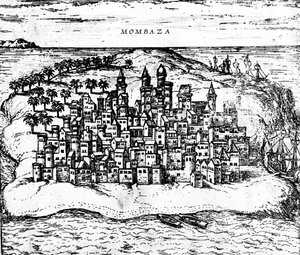 Vista de Mombaza, de Civitates orbis terrarum de Georg Braun (detalle) de Georg Braun und Franz Hogenberg