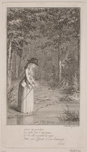 Una joven dama de pie en un bosque junto a la orilla del agua de Georg Christian Schule