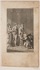 Ilustración con una pareja joven con un oriental y tres soldados turcos arrodillados