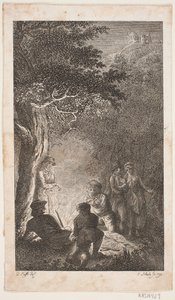 Ilustración con figuras alrededor de una hoguera de Georg Christian Schule