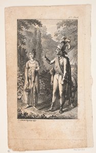 Ilustración con caballero y dama en paisaje de Georg Christian Schule