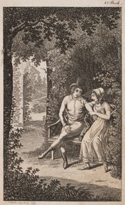 Ilustración con pareja en un banco en un jardín