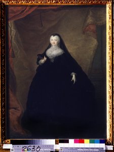 ""Retrato de Elisabeth Petrovna (1709-1762) Emperatriz de Rusia bajo el nombre de Elisabeth I, hija de Pedro el Grande"" Está disfrazada, tiene una máscara en la mano. Pintura de Georg-Christoph (Georg Christoph) Grooth (1716-1749) 1748 Estado Tretyakov G de Georg Christoph Grooth