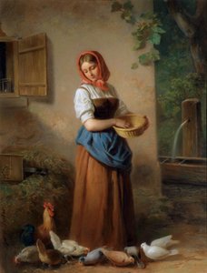 Una niña alimentando pollos y palomas.