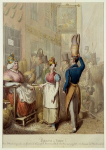 Tableau de Paris: rue Montorgueil y café restaurante "Le Rocher de Cancale" en París. Comerciantes callejeros y transeúntes. Litografía del alemán George Emanuel Opitz (1775-1841) de Georg Emanuel Opitz