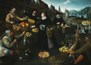 Una alegoría del otoño: un puesto de frutas y verduras sobre el Weinmarkt en Frankfurt