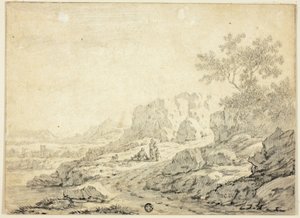 Paisaje rocoso con figuras y perro en el camino de Georg Friedrich Dietzsch