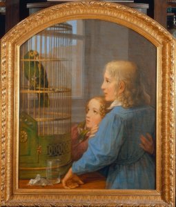 Dos niños frente a una jaula de loros de Georg Friedrich Kersting