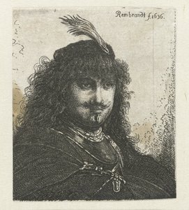 Autorretrato (?) con gorro emplumado y sable bajado de Georg Leopold Hertel