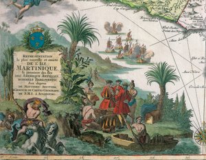 Mapa de Martinica creado por Matthieu Seutter, detalles: Comerciantes e Indígena Americano de Georg Matthäus Seutter