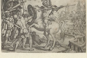 Horace Cocles defiende el puente sobre el Tíber
Cuentos de la historia romana temprana (título de la serie) de Georg Pencz