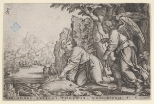 Tobiolus atrapa el pez, de La historia de Tobías, 1543 de Georg Pencz