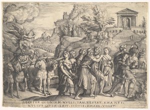 Triunfo del amor: cuatro caballos tiran de un carruaje con Cupido de pie sobre una plataforma humeante, ca. 1539 de Georg Pencz