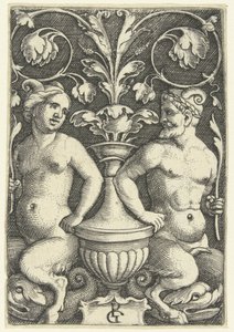 Sátiro femenino y masculino Decoraciones superficiales con grutescos y enredaderas de hojas (título de la serie) de Georg Pencz