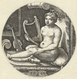 Mujer desnuda sentada con un arpa arpista de Georg Pencz