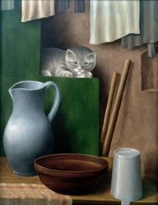Naturaleza muerta con gato (Rincón del horno) de Georg Schrimpf