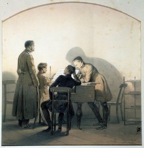 Al piano (Al piano). Soldados rusos tocando el piano durante la Guerra de Crimea. Pintura de George Wilhelm Timm (1820-1895). Acuarela y lápiz sobre papel, 20,8 x 20,1 cm de Georg Wilhelm Timm
