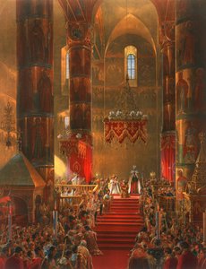 El Metropolitano se arrodilla en la ceremonia de coronación del Zar Alejandro II, Moscú, 1856