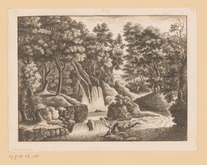 Cascada en el bosque con dos pescadores en primer plano de Georg Wolfgang Knorr (possibly)