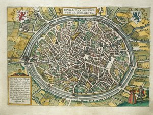 Bélgica, mapa de Brujas del Civitates Orbis Terrarum de Georg Braun y Franz Hogenberg, Colonia, grabado de Georg Braun and Hogenberg Franz