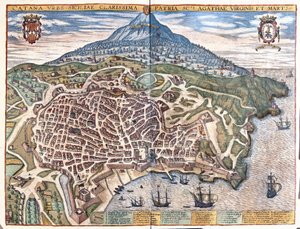 Catania, con el Etna al fondo, Sicilia, Italia (grabado) de Georg Braun and Hogenberg Franz