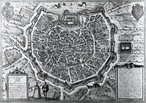 Mapa de la ciudad de Milán en 1572 de Georg Braun and Hogenberg Franz