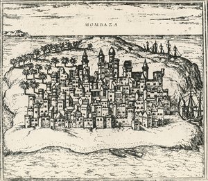 Ciudad de Mombasa en Kenia, grabado de Civitates Orbis Terrarum