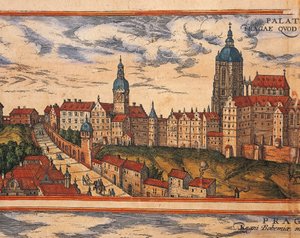 República Checa, Praga, Vista de la ciudadela, grabado en color de Civitates Orbis Terrarum por Georg Braun (1541-1622) y Franz Hogenberg (1535-1590) de Georg Braun and Hogenberg Franz