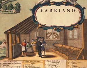 Detalle que representa la industria del papel de la Ciudad de Fabriano de Georg Braun and Hogenberg Franz