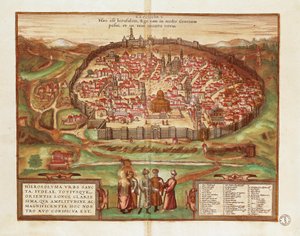 Israel y Palestina, Ciudad de Jerusalén, por Georg Braun y Franz Hogenberg, de Civitates Orbis Terrarum, grabado en color