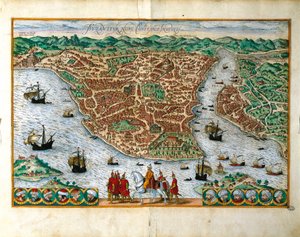 Italia, Milán, Vista en perspectiva de la ciudad de Constantinopla por Georg Braun (1541-1622) y Franz Hogenberg (1535-1590), grabado en color de Georg Braun and Hogenberg Franz