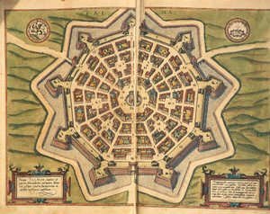 Italia, Palmanova, mapa, grabado de Civitates Orbis Terrarum por Georg Braun y Franz Hogenberg de Georg Braun and Hogenberg Franz